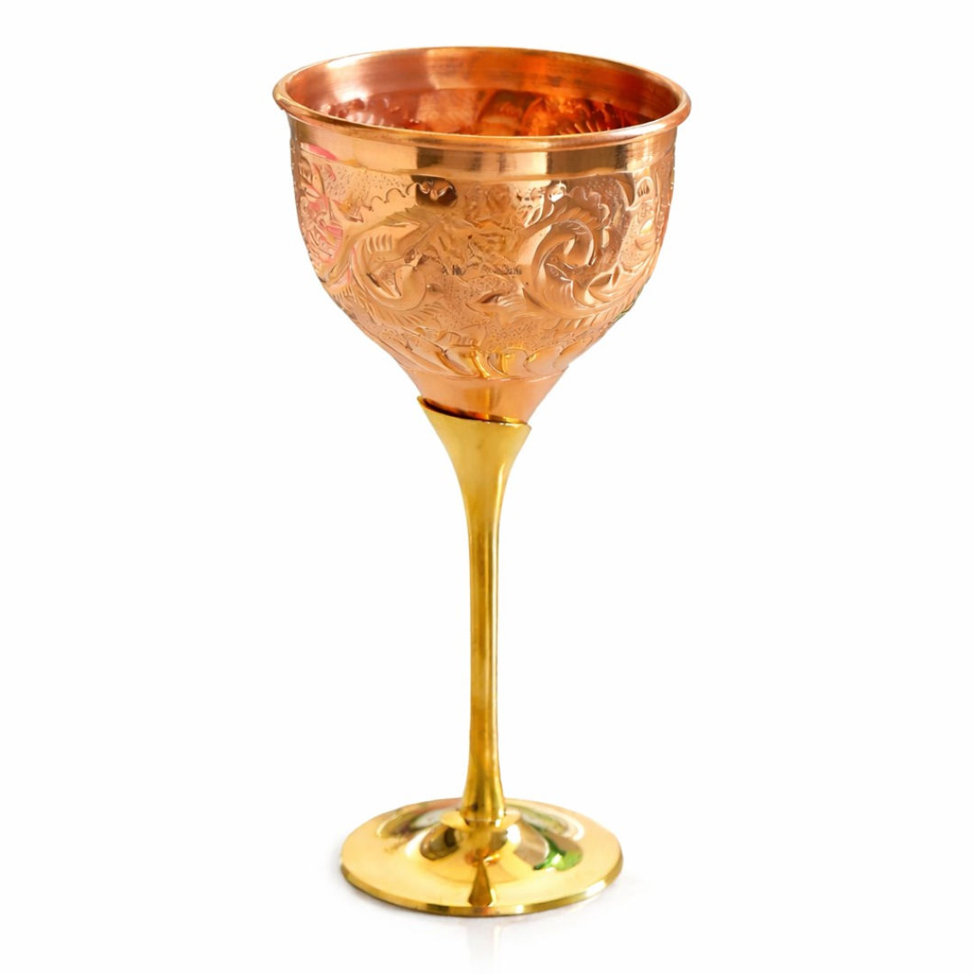 Handcrafted Pure Copper Wine Glass with Brass Stand, Embossed Design